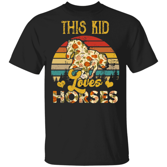 Vintage Retro This Kid Loves Horses Floral Horse Kids Girls Horse Lover Gifts T-Shirt - Macnystore