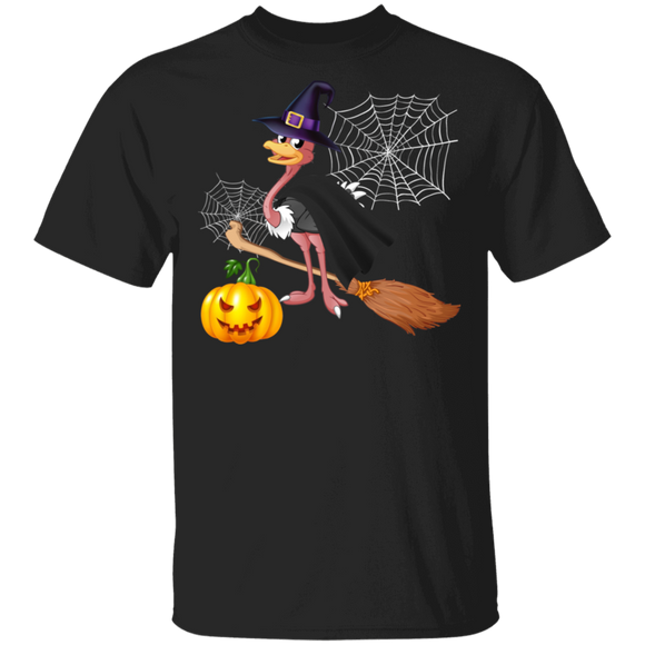 Ostrich Witch Pumpkin Broom Halloween T-Shirt - Macnystore