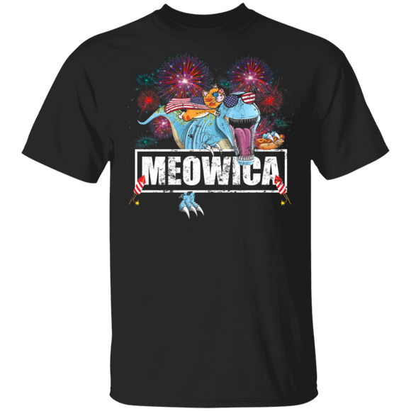Meowica Cool American Flag Cat Riding T-Rex 4th Of July Independence Day Gifts T-Shirt - Macnystore
