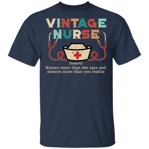 Vintage Nurse Definition Knows More Than She Says Funny Nurse CNA Nurse Nuring Shirt T-Shirt - Macnystore