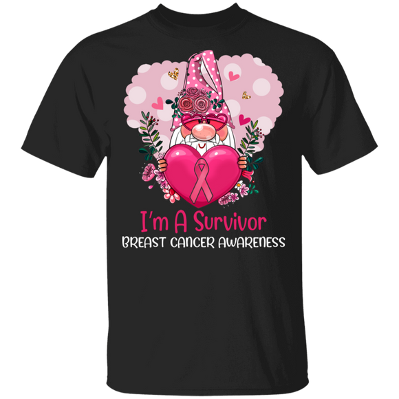 I’m A Survivor Breast Cancer Awareness Pink Gnome Ribbon Heart T-Shirt - Macnystore