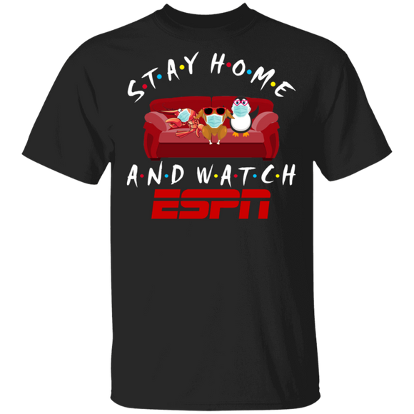 Stay Home And Watch ESPN Funny Shrimp Turkey Penguin Sit On Sofa Shirt Matching ESPN TV Show Lover Fans Gifts T-Shirt - Macnystore