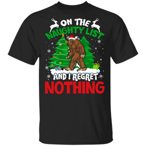 Christmas Bigfoot Lover Shirt On Naughty List I Regret Nothing Cool Christmas Santa Bigfoot Lover Gifts T-Shirt - Macnystore