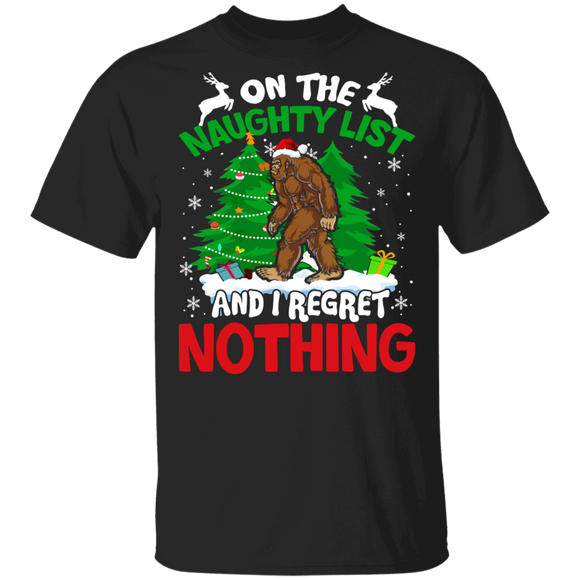 Christmas Bigfoot Lover Shirt On Naughty List I Regret Nothing Cool Christmas Santa Bigfoot Lover Gifts T-Shirt - Macnystore