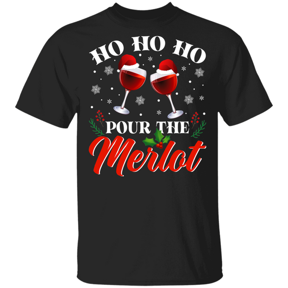 Christmas Drinking Shirt Ho Ho Ho Pour The Merlot Funny Christmas Santa Drinking Wine X-mas Party Lover Gifts T-Shirt - Macnystore
