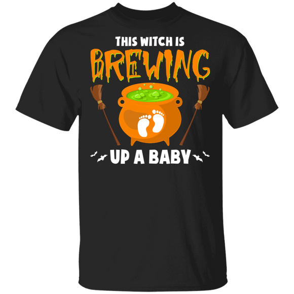 This Witch Is Brewing Up A Baby Funny Halloween Baby Footprints Gifts T-Shirt - Macnystore