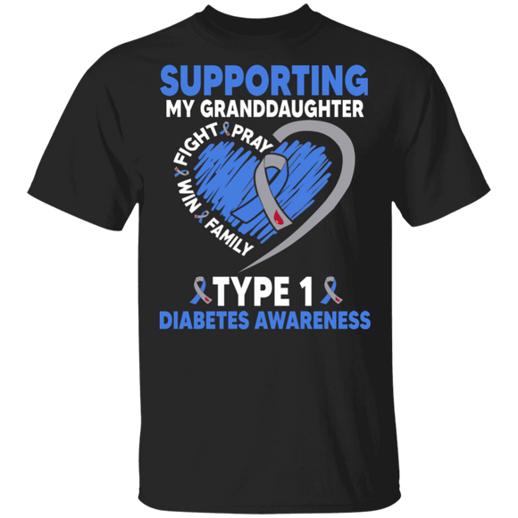 Diabetes Awareness Shirt Supporting My Granddaughter Type 1 Diabetes Cool T1D Kids Diabetic Awareness Ribbon Heart Granddaughter Family Gifts T-Shirt - Macnystore
