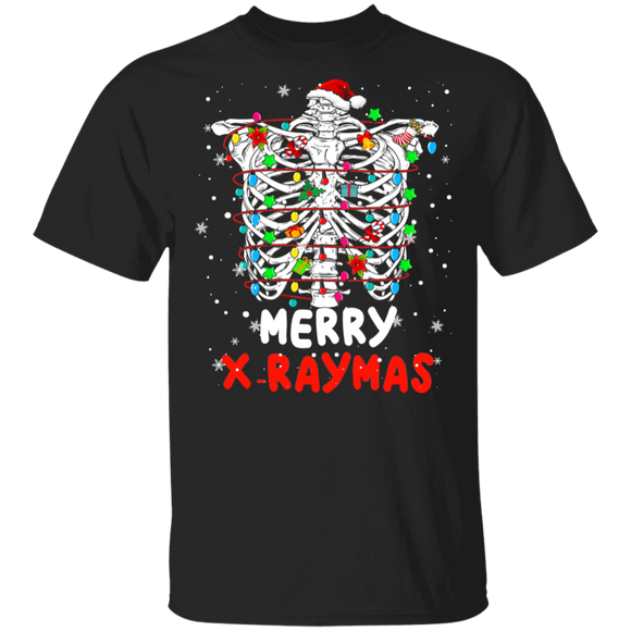 Christmas Skeleton Shirt Merry X-Raymas Funny Christmas Light Skeleton Rib Cage Radiology Gifts T-Shirt - Macnystore
