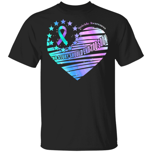 Suicide Prevention Awareness Shirt No Story Should End Too Soon Cool Suicide Prevention Awareness Ribbon American Flag Heart Gifts T-Shirt - Macnystore