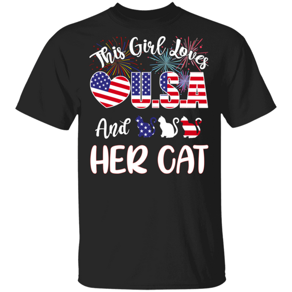 This Girl Loves USA and Her Cat Cool American Flag Cat Lover 4th Of July Gifts T-Shirt - Macnystore