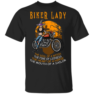 Biker Lady The Soul Of A Witch The Fire Of Lioness The Heart Of A Hippie The Mouth Of A Sailor Cool Biker Soul Lady Witch Lover Gifts T-Shirt - Macnystore