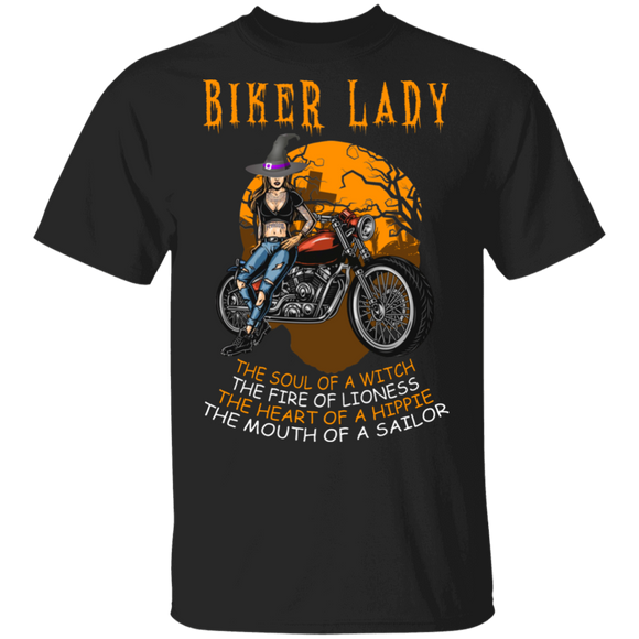 Biker Lady The Soul Of A Witch The Fire Of Lioness The Heart Of A Hippie The Mouth Of A Sailor Cool Biker Soul Lady Witch Lover Gifts T-Shirt - Macnystore