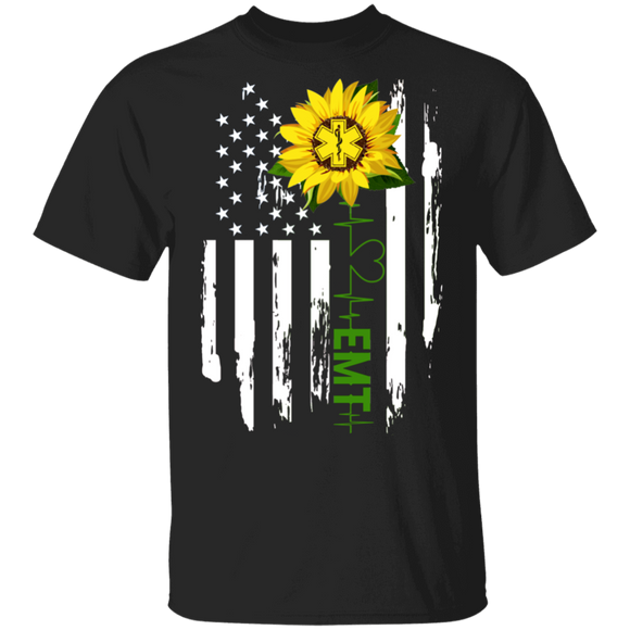 EMT Nurse Cool Sunflower American Flag Matching EMT Emergency Medical Technician Nurse Gifts T-Shirt - Macnystore