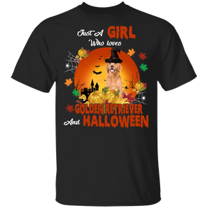 Cute Just A Girl Who Loves Golden Retriever Dog And Halloween Witch T-Shirt - Macnystore