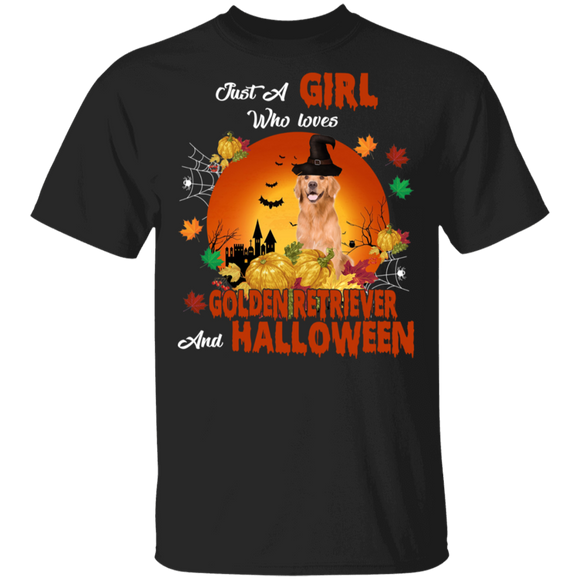 Cute Just A Girl Who Loves Golden Retriever Dog And Halloween Witch T-Shirt - Macnystore