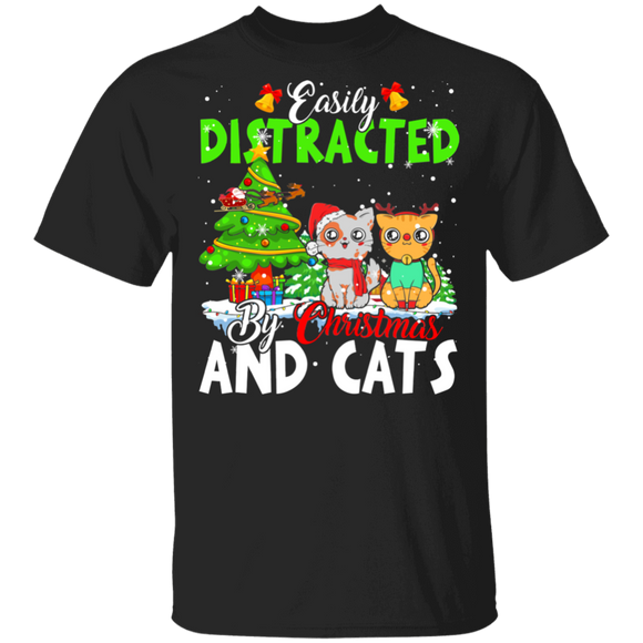 Christmas Cat Shirt Easily Distracted By Christmas And Cats Funny Christmas Santa Reindeer Cat Lover Gifts T-Shirt - Macnystore