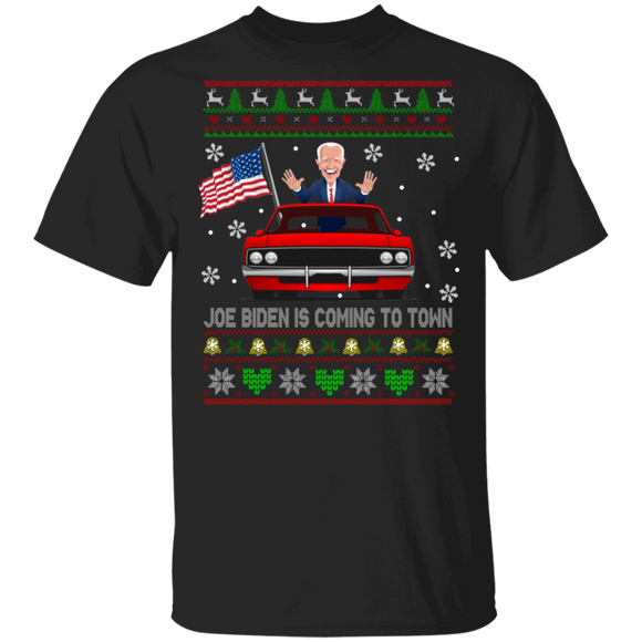 Christmas Election Shirt Joe Biden Is Coming To Town Biden Ugly Funny Christmas Sweater American Election Biden Supporter Gifts T-Shirt - Macnystore