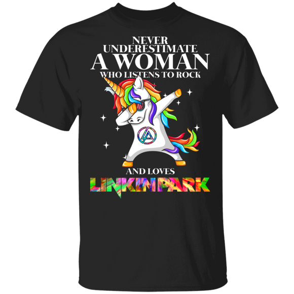 Never Underestimate A Woman Who Listens To Rock And Loves Linkin Park Magical Unicorn Shirt Matching Linkin Park Rock Band Gifts T-Shirt - Macnystore