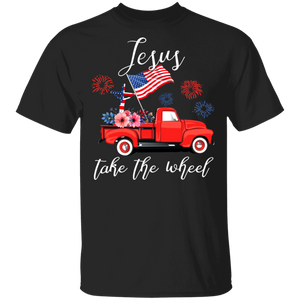 Jesus Take The Wheel Cool American Flag Christian Cross Riding Truck Shirt Matching Christian 4th Of July US Independence Day Gifts T-Shirt - Macnystore
