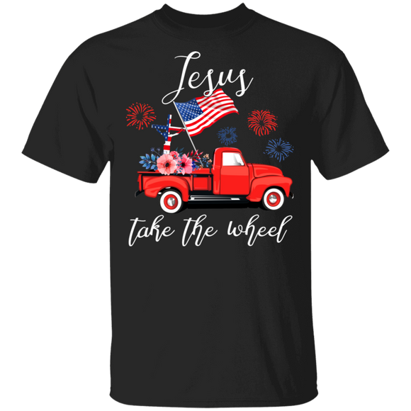 Jesus Take The Wheel Cool American Flag Christian Cross Riding Truck Shirt Matching Christian 4th Of July US Independence Day Gifts T-Shirt - Macnystore