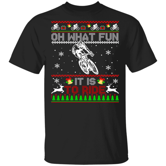 Christmas Cycling Shirt Oh What Fun It Is To Ride Ugly Funny Christmas Sweater Cycling Bicycle Bike Cyclist Lover Gifts T-Shirt - Macnystore