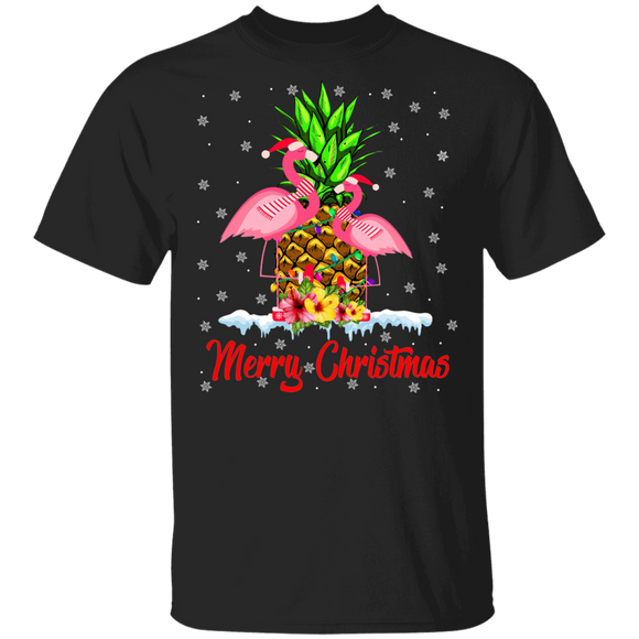 Christmas Flamingo Lover Shirt Merry Christmas Funny Christmas Light Santa Flamingo Pineapple Lover Giftst T-Shirt - Macnystore