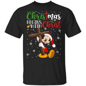 Christmas Cartoon Shirt Christmas Begins With Christ Cute Mickey Christmas Cartoon Lover Gifts Christmas T-Shirt - Macnystore