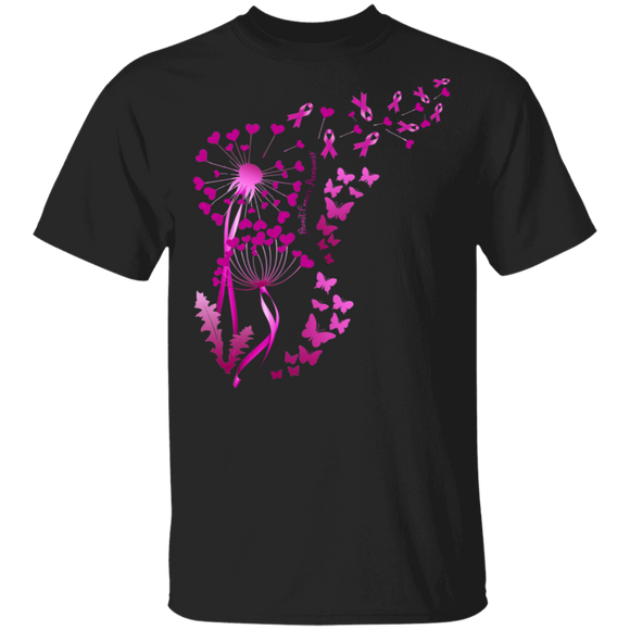 Pink Dandelion Butterflies Ribbons Breast Cancer Awareness Gifts T-Shirt - Macnystore