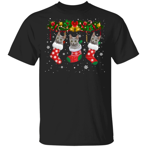 Christmas Cat Shirt Cat In Christmas Socks Cute X-mas Russian Blue Cat Lover Gifts Christmas T-Shirt - Macnystore