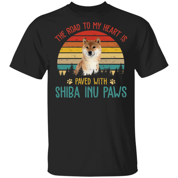 Vintage Retro The Road To My Heart Is Paved With Shiba Inu Paws T-Shirt - Macnystore
