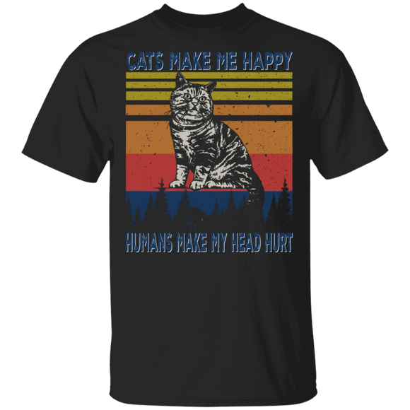 Vintage Retro Cats Make Me Happy Humans Make My Head Hurt Cool Cat Lover Owner Fans Gifts T-Shirt - Macnystore
