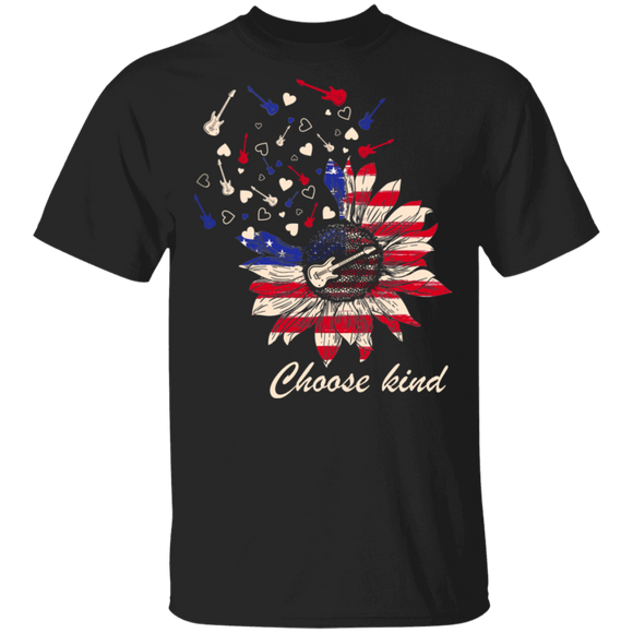 Choose Kind Cute Sunflower American Flag Guitar Shirt Matching Guitarist Guitar Lover 4th Of July US Independence Day Gifts T-Shirt - Macnystore