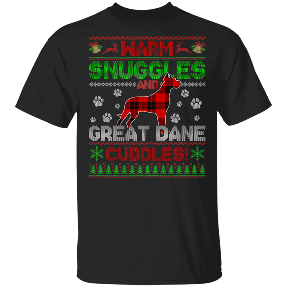 Christmas Dog Lover Shirt Warm Snuggles And Great Dane Cuddles Ugly Funny Christmas Sweater Dog Red Buffalo Plaid Gifts T-Shirt - Macnystore