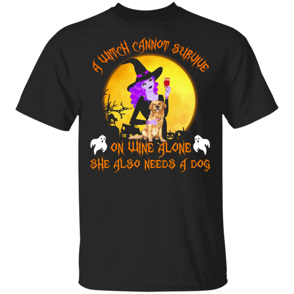 A Witch Cannot Survive On Wine Alone She Also Need A Dog Cool Halloween Witch Wine Dog Lover Gifts T-Shirt - Macnystore