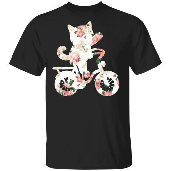 Floral Cat Riding Bicycle Matching Cat Lover Owner Biker Women Gifts T-Shirt - Macnystore