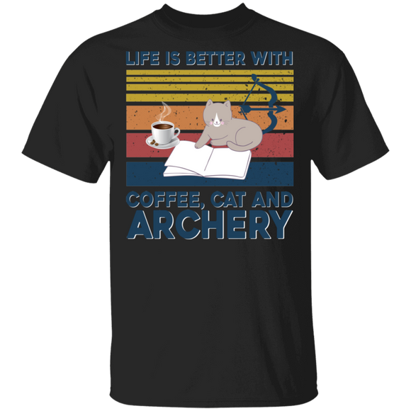 Cat Lover Shirt Vintage Retro Life Is Better With Coffee Cat And Archery Cool Cat Coffee Archery Lover Gifts T-Shirt - Macnystore