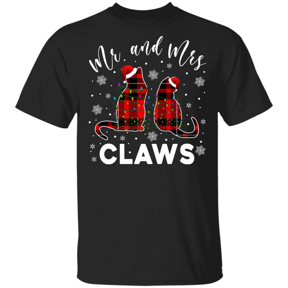 Christmas Cat Shirt Mr And Mrs Claws Funny Christmas Light Santa Cat Red Plaid Lover Gifts T-Shirt - Macnystore