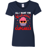 All I Want For Valentine  Cupcakes Wearing Sunglasses Ladies V-Neck T-Shirt - Macnystore