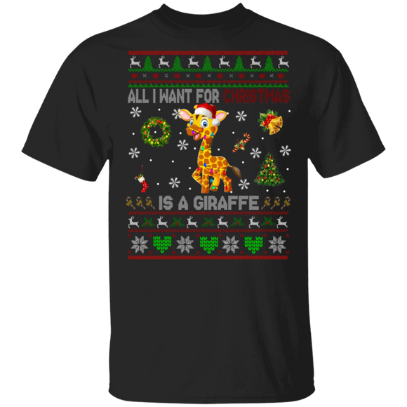 Christmas Giraffe Shirt All I Want Is A Giraffe For Christmas Ugly Funny Christmas Sweater Santa Giraffe Lover Gifts T-Shirt - Macnystore
