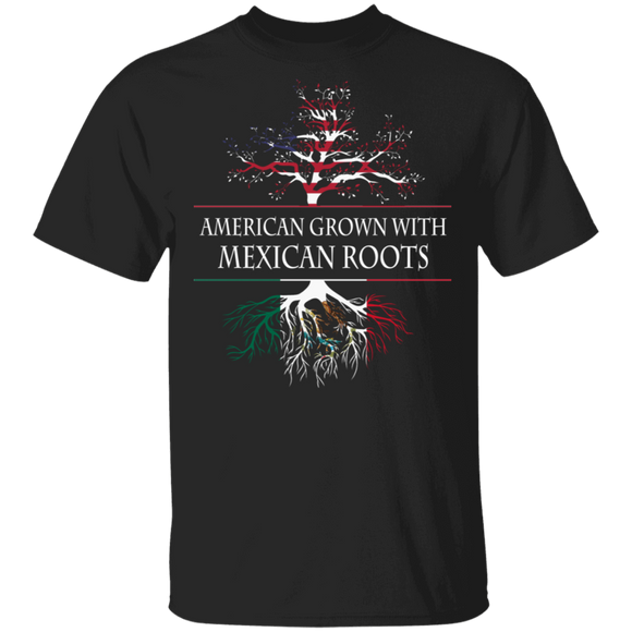 American Grown With Mexican Roots Cool American-Mexican Flag Tree Mexico Gifts T-Shirt - Macnystore
