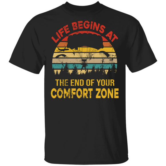 Vintage Retro Life Begins At The End Of Your Comfort Zone Parachute Man Pilot Gifts T-Shirt - Macnystore