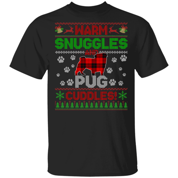 Christmas Dog Lover Shirt Warm Snuggles And Pug Cuddles Ugly Funny Christmas Sweater Dog Red Buffalo Plaid Gifts T-Shirt - Macnystore