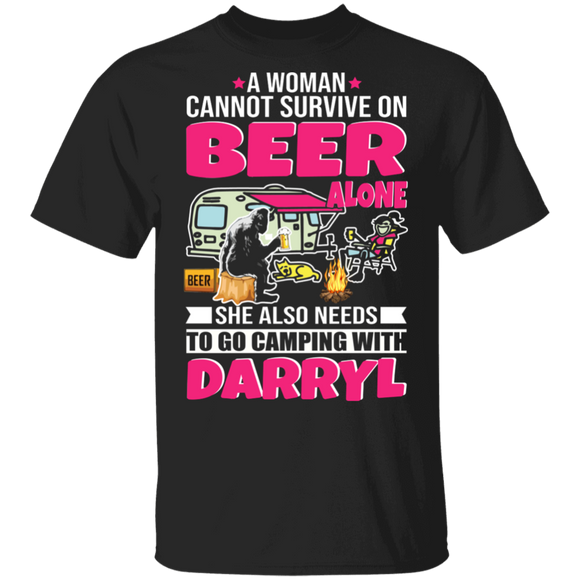 Camping Beer Lover Shirt A Woman Cannot Survive On Beer Alone Funny Bigfoot Camping Woman Drinking Beer Lover Gifts T-Shirt - Macnystore