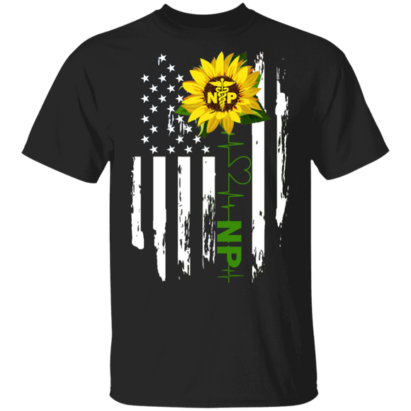 NP Nurse Cool Sunflower American Flag Matching NP Nurse Practitioner Gifts T-Shirt - Macnystore