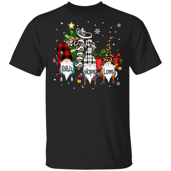Christmas Gnomes Lover Shirt Jesus Faith Hope Love Cute Christmas Leopard Plaid Gnome Lover Gifts Christmas T-Shirt - Macnystore