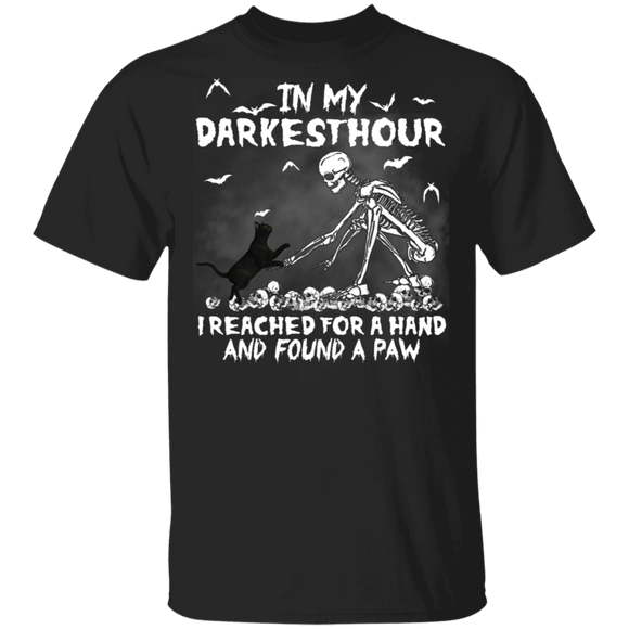 Halloween Cat Shirt In My Darkest Hour I Reached For A Hand And Found A Paw Funny Halloween Skeleton Black Cat Lover Gifts Halloween T-Shirt - Macnystore