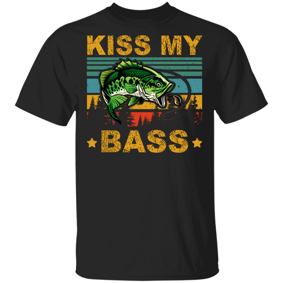 Vintage Retro Kiss My Bass Cool Fish Hunter Shirt Matching Fish Hunting Lover Fans Hunter Fisher Gifts T-Shirt - Macnystore