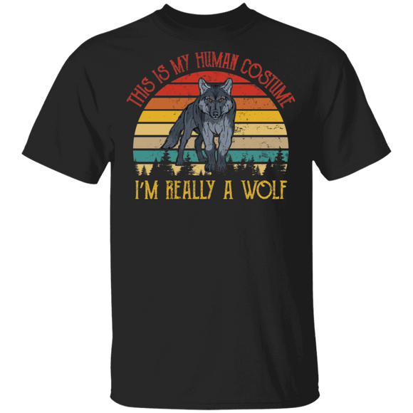 Halloween Wolf Shirt Vintage Retro This Is My Human Costume I'm Really A Wolf Gift Halloween T-Shirt - Macnystore
