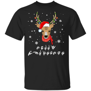 Christmas ASL Sign Language Shirt Reindeer With Santa Hat Merry Christmas Reindeer Lover Gifts Christmas T-Shirt - Macnystore
