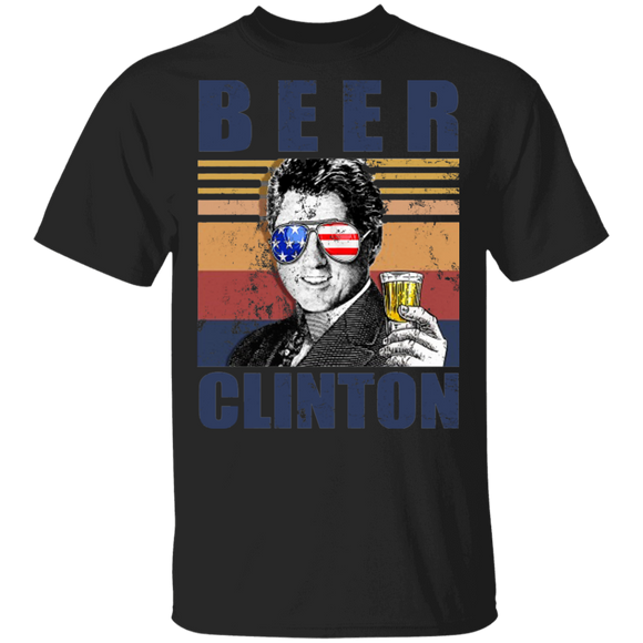 Vintage Retro Beer Clinton American Flag Bill Clinton Drinking 4th Of July Shirt T-Shirt - Macnystore